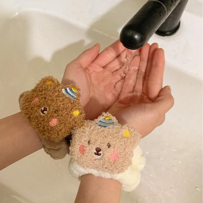 Home Textiles Face Towel - 漫画のクマの顔の洗濯と手首のストラップ、柔らかい再利用可能なスウェットバンド、タオルバンド、柔軟、吸収性、ヘアタイ、1ペア