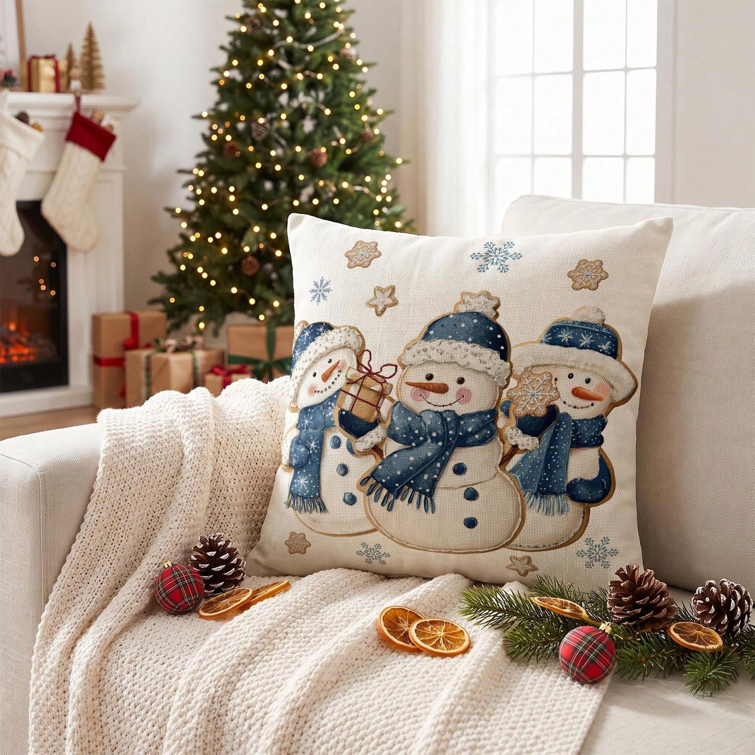 冬の雪だるまと雪の結晶の柄が描かれた、18インチ×18インチ - Pillow Insert 18X18 のレビューと価格