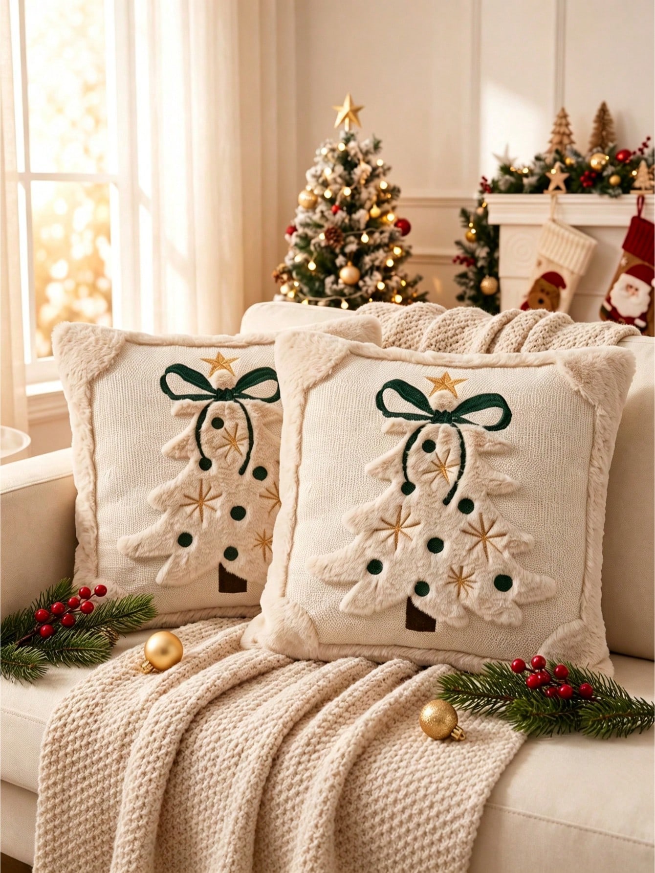 3Dジャカード織のクリスマスツリー柄、リボン付きクッションカ - Pillow Insert 18X18 のレビューと価格