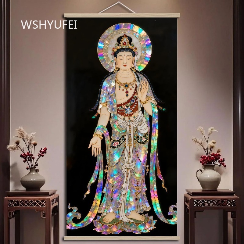 中国風の仏像「観音菩薩」の壁掛け飾り。貝殻を象嵌した虹色の装 - Home Textiles Usa のレビューと価格