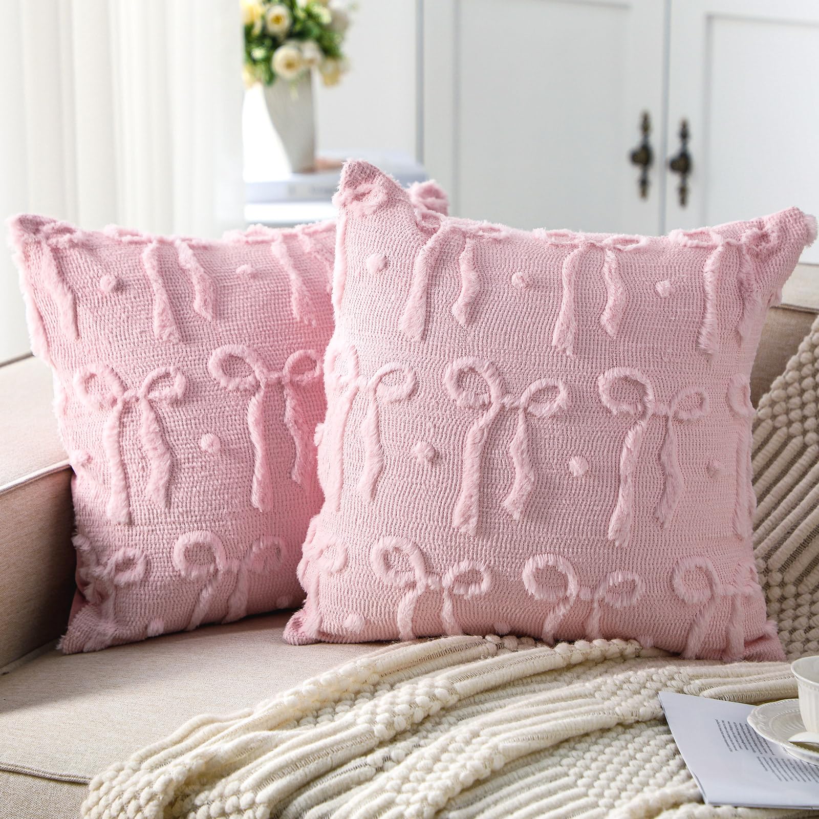 ピンクのリボン柄クッションカバー 18x18 コケット装飾枕 - Pillow Insert 18X18 のレビューと価格